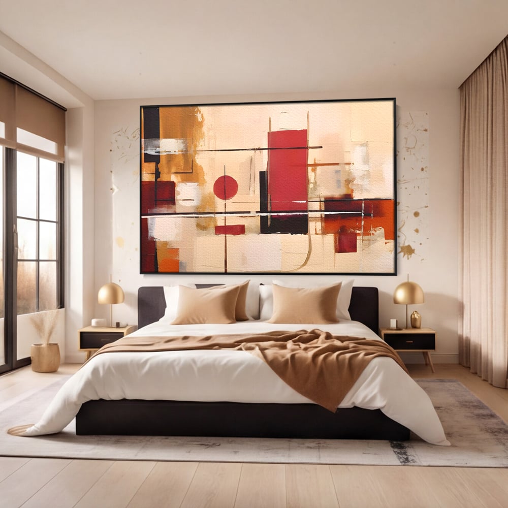 Tablou canvas cu pictura abstracta cu forme geometrice, in rama de aluminiu negru, pe perete intr-un dormitor
